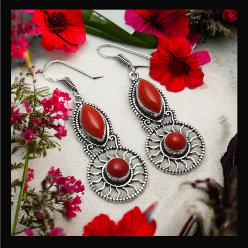 Coral Red Handcrafted Drop Dangle Hook Style Earrings Jewelry 2.16" L New W Tags - Picture 3 of 9
